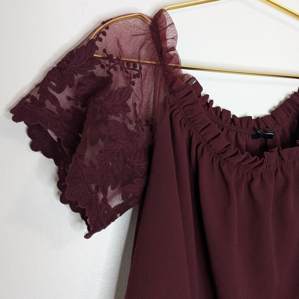 Iris Medium Burgundy Sheer Floral Lace Sleeve Off the Shoulder‎ Flowy Top Blouse - Picture 3 of 9